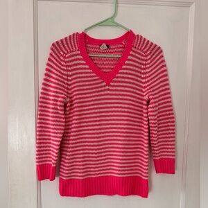 J. Crew Pink and White Striped V-Neck Sweater